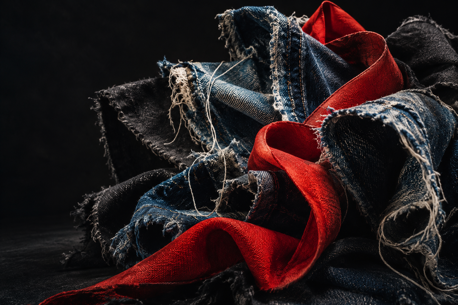 Étude visuelle de matière : denim effiloché, coton noir et ruban rouge.